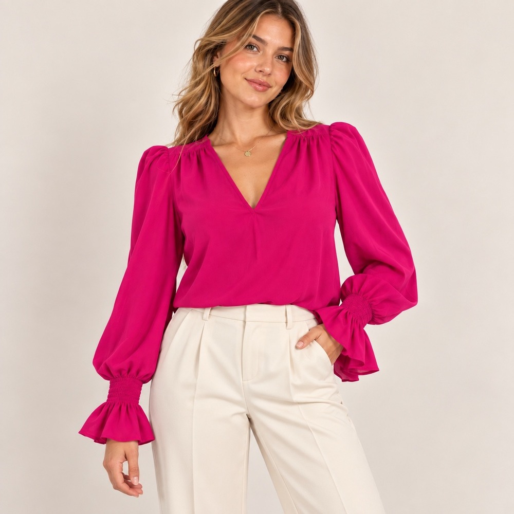 Express Conscious Edit Magenta Pink V-Neck Puff Sleeve Smocked Cuff Blouse S